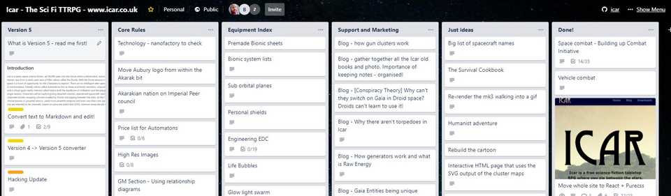 6 columns of to do items, with v5 on the left showing Convert text to Markdown at the top and Done column on the right with Vehicle Combat at the top and the website task underneath