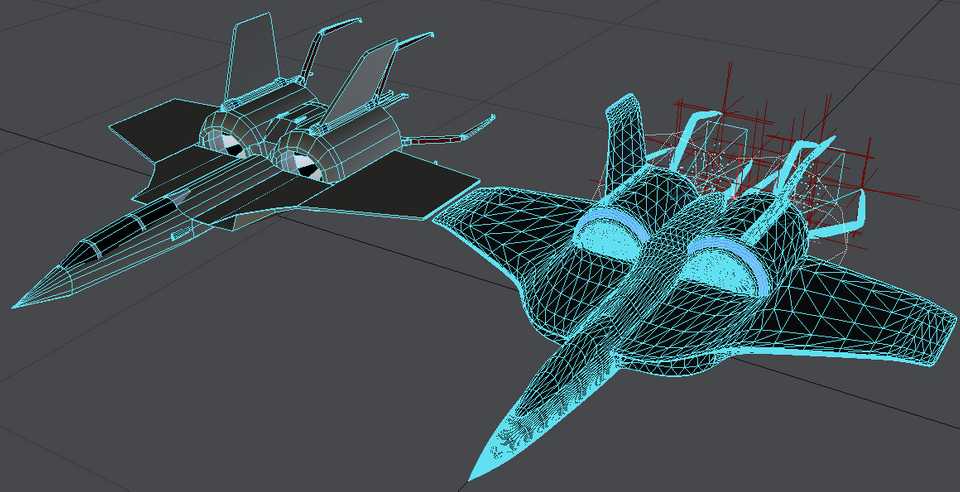 Wireframe outlines of the old stub wing and new. The old one has a lot less detail.