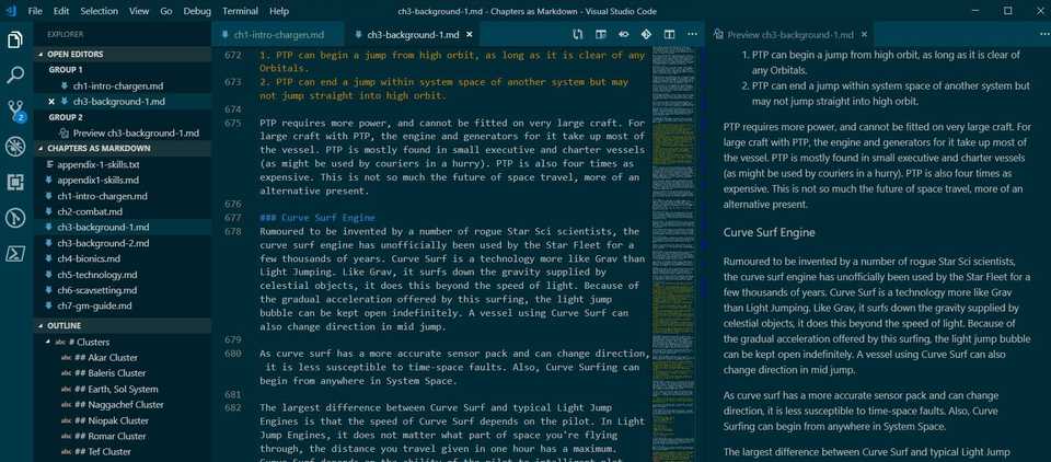 A teal coloured editor showing a document outline, edit window and a preview for Chapter 2 of version 5