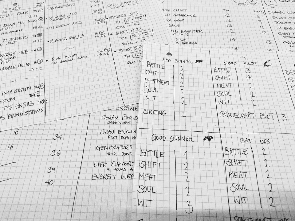 Rough scribbled characters, spacecraft and help sheets